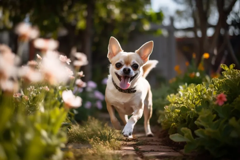 Chihuahua-Hund spielt im Garten mit seinem Besitzer 1